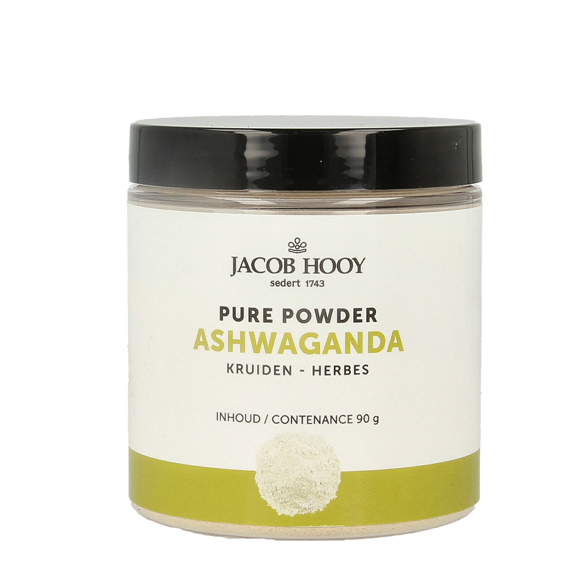Jacob Hooy Ashwagandha powder in a 90g container, natural herbal supplement from Kruidenpreparaten line.