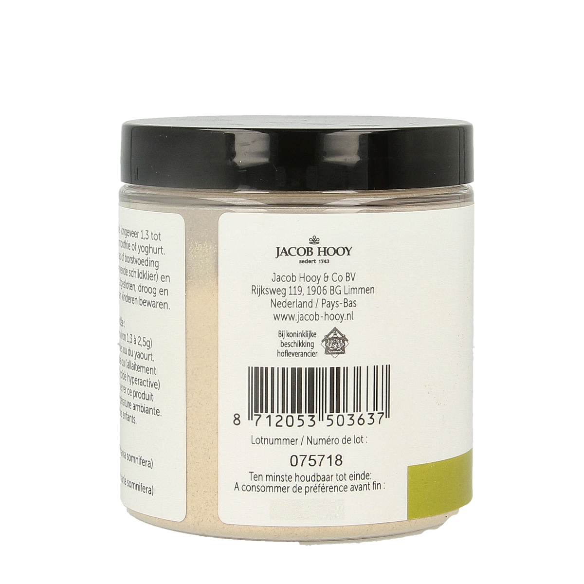 Jacob Hooy Ashwagandha powder in a 90g jar, natural herbal supplement from Jacob Hooy, used for stress relief and wellness.