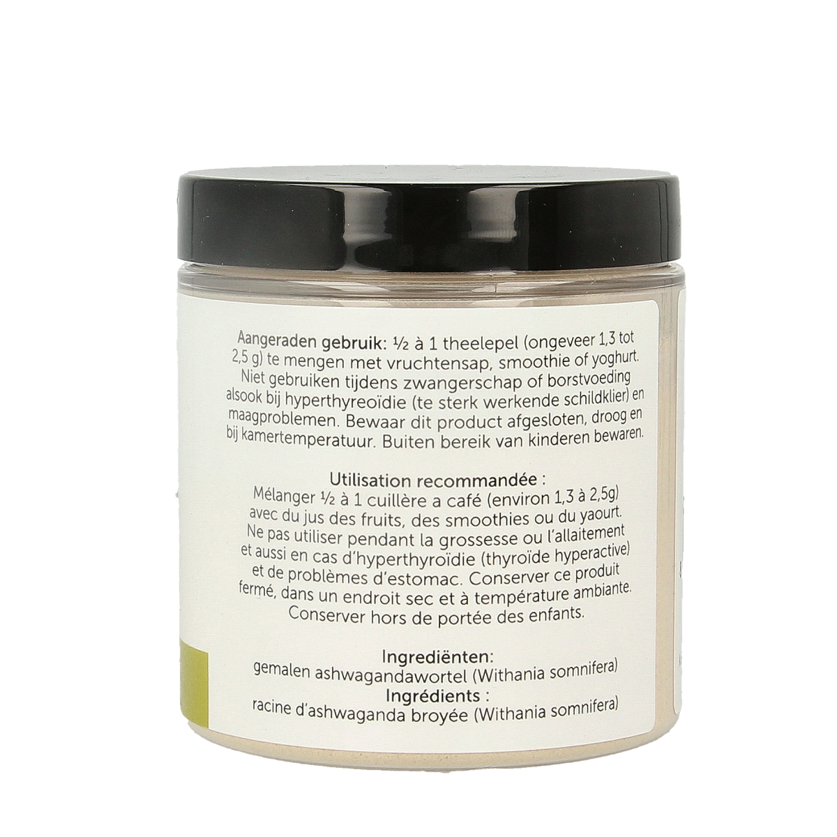 Jacob Hooy Ashwagandha powder in a 90g package, natural herbal supplement from Kruidenpreparaten brand, shown in container.