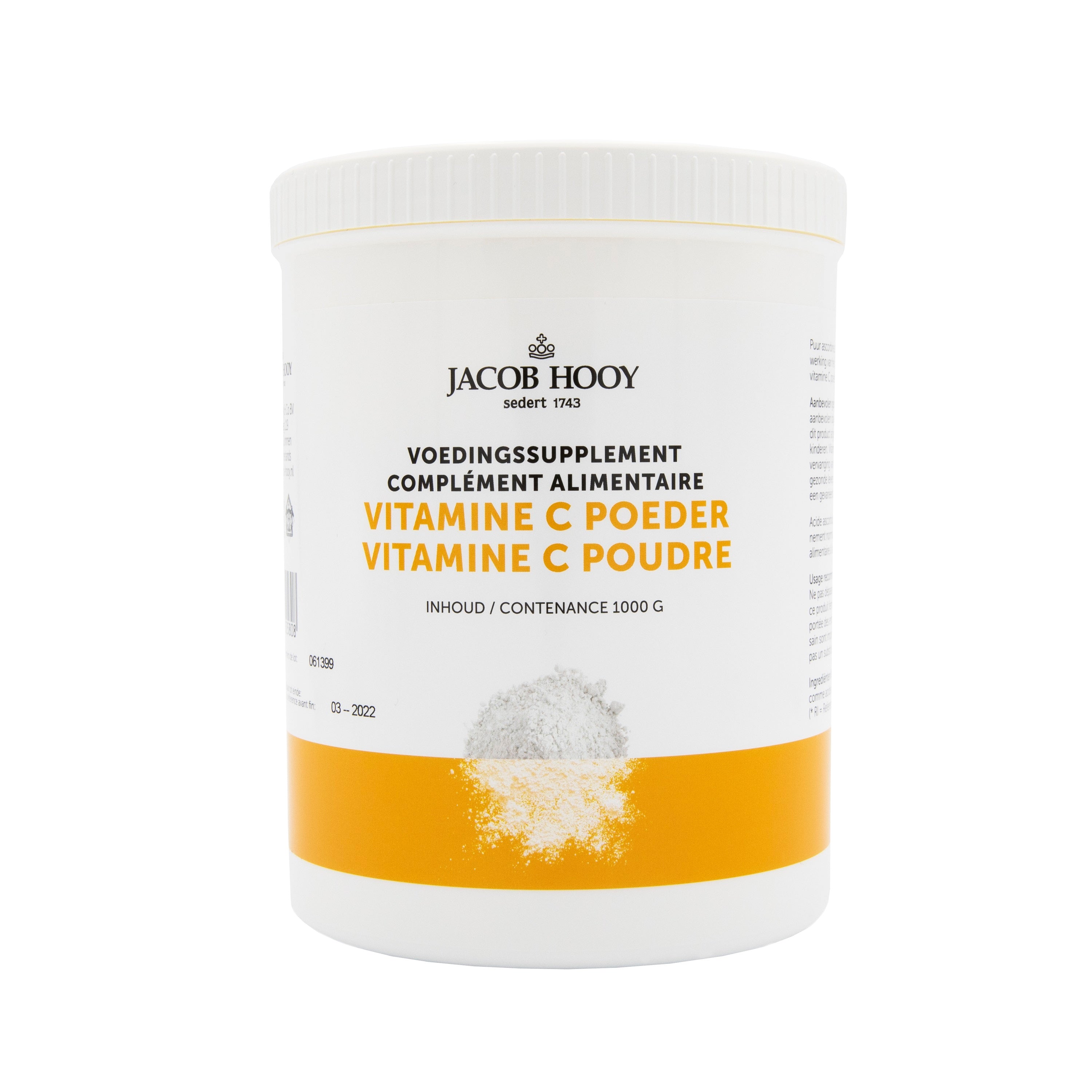 Jacob Hooy Vitamin C Ascorbinezuur in a 1kg jar, natural orange powder supplement for immune support, shown in a clear container.