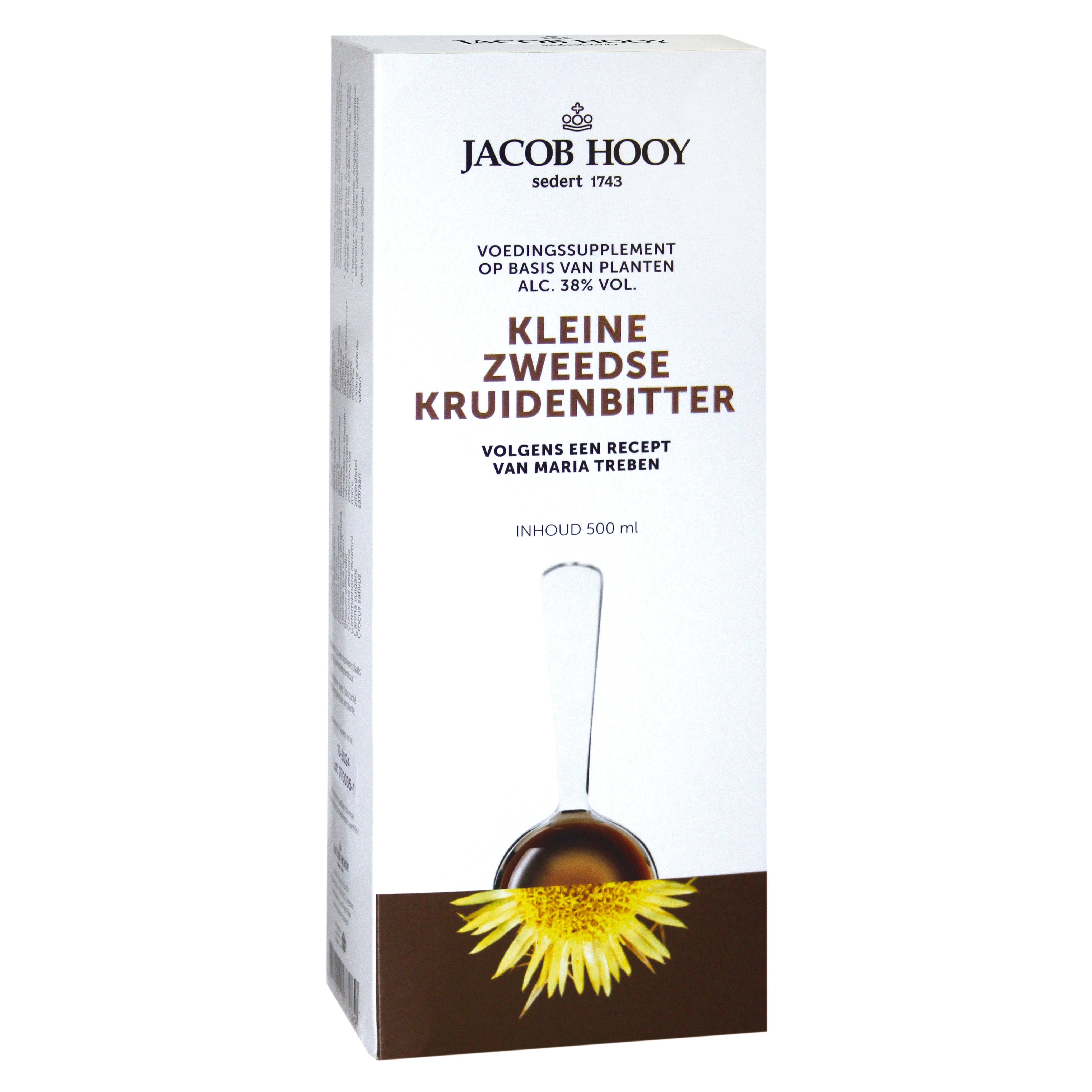 Jacob Hooy Zweedse kruidenbitter in grote 500ml fles, herbal kruidenpreparaat with a dark liquid in a brown glass bottle.