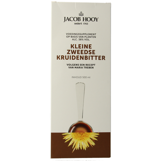 Jacob Hooy Zweedse kruidenbitter in een grote 500 ml fles, kruidenpreparaat met traditionele kruidenextracten.