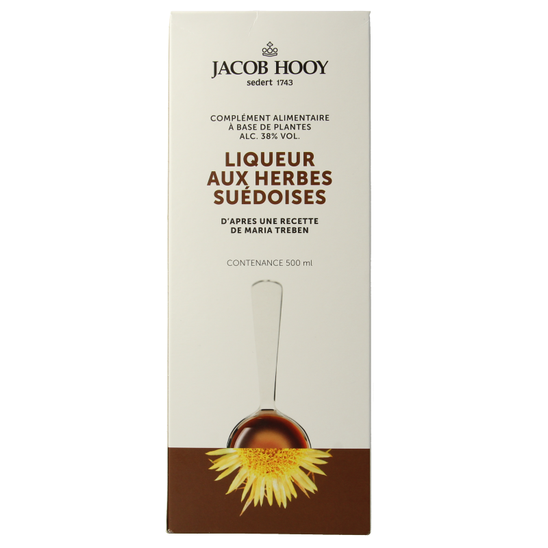 Bottle of Jacob Hooy Zweedse kruidenbitter herbal remedy in a 500ml glass bottle with a label and cap.
