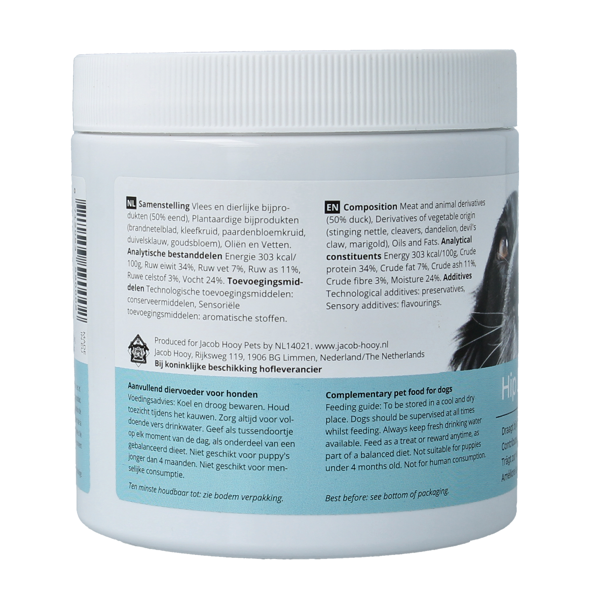 Jacob Hooy Pets healthy dog hip and joint supplements in a container, designed to support canine mobility and joint health.