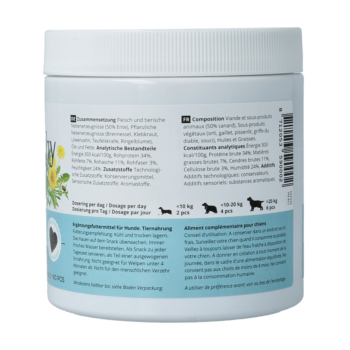 Jacob Hooy Pets healthy dog hip and joint supplement packaging, 80 grams, dietary supplement for canine joint support