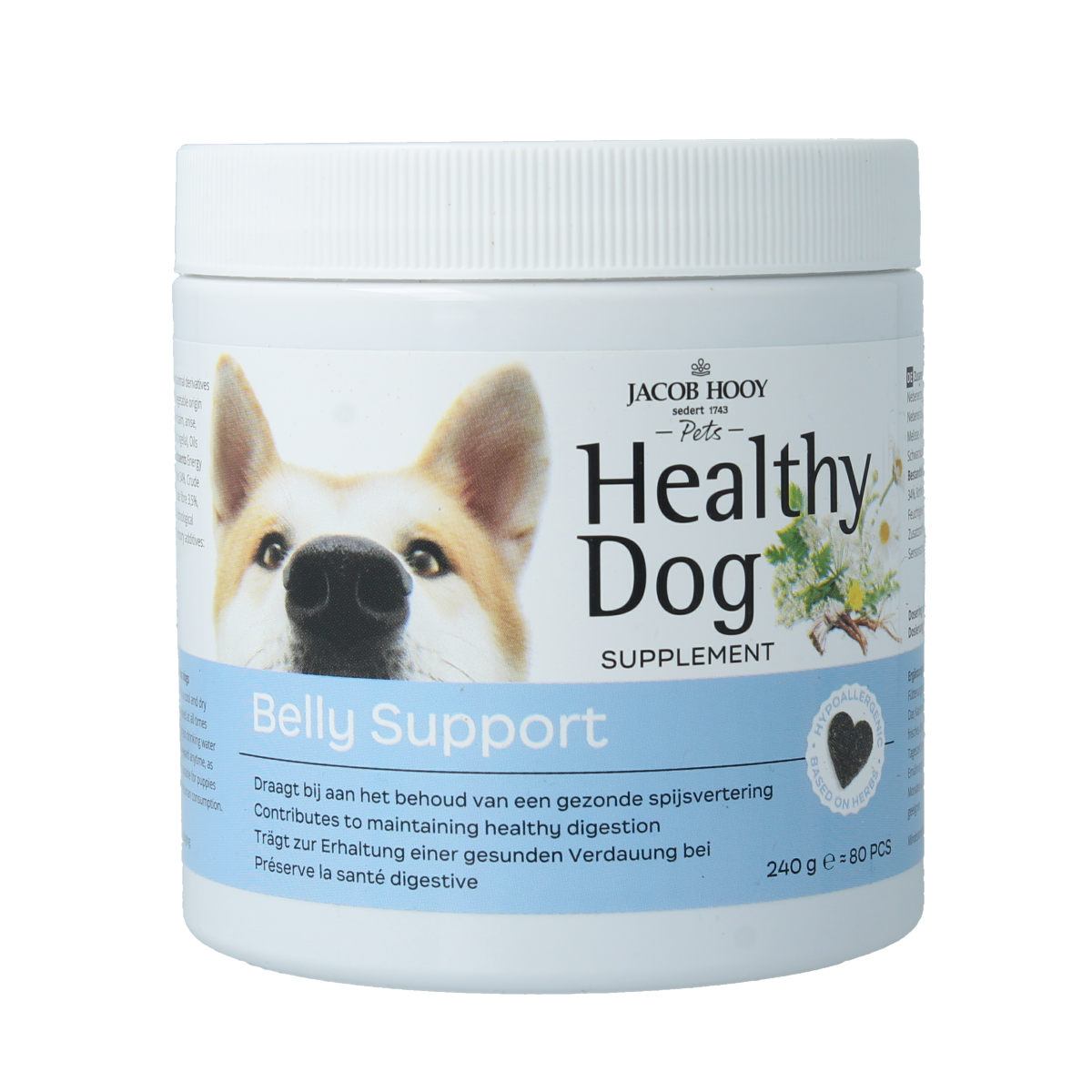Jacob Hooy Pets healthy dog belly support supplement, 80 pieces, showing the packaging with dog-friendly ingredients.
