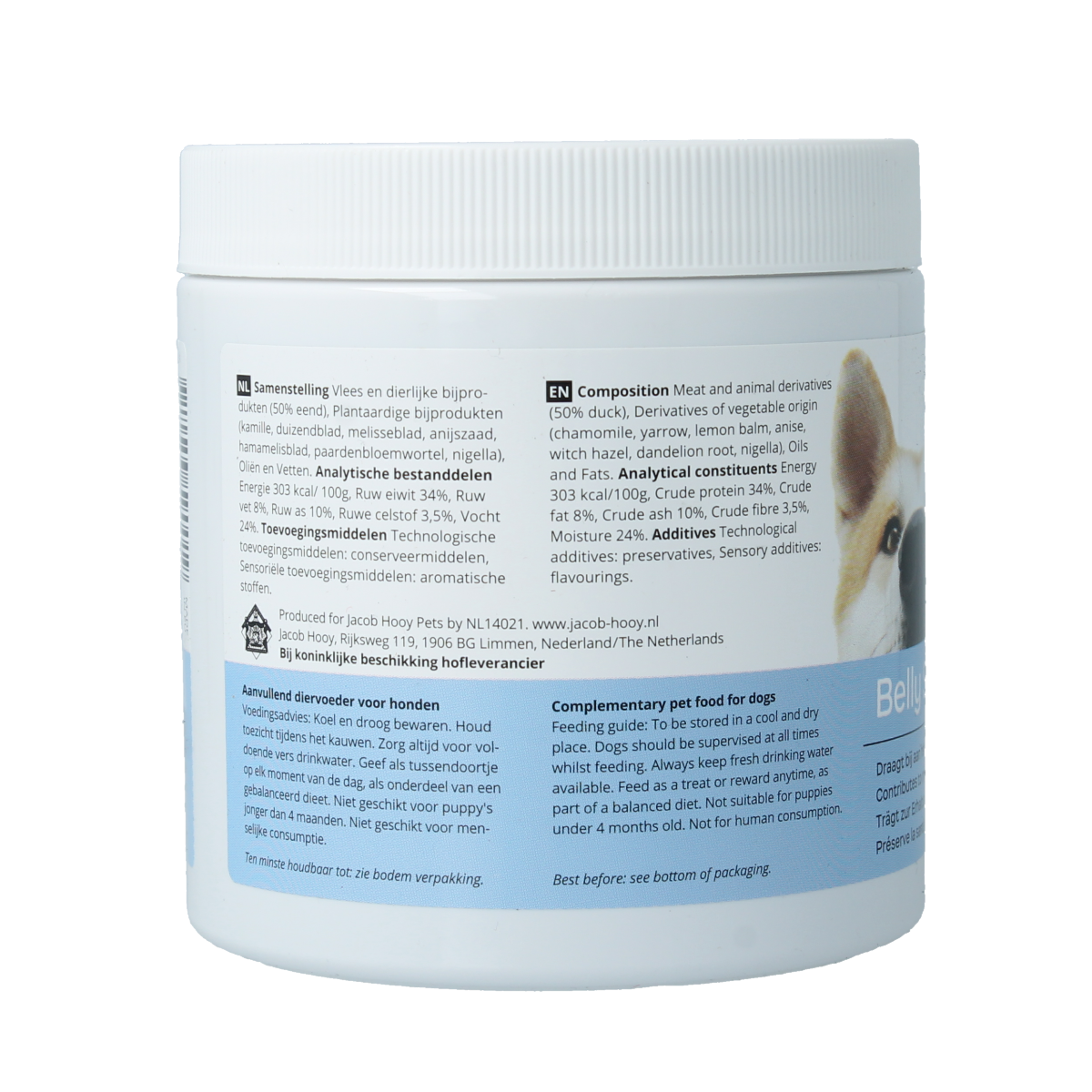 Jacob Hooy Pets healthy dog belly support dietary supplement, 80 capsules, natural pet health product.