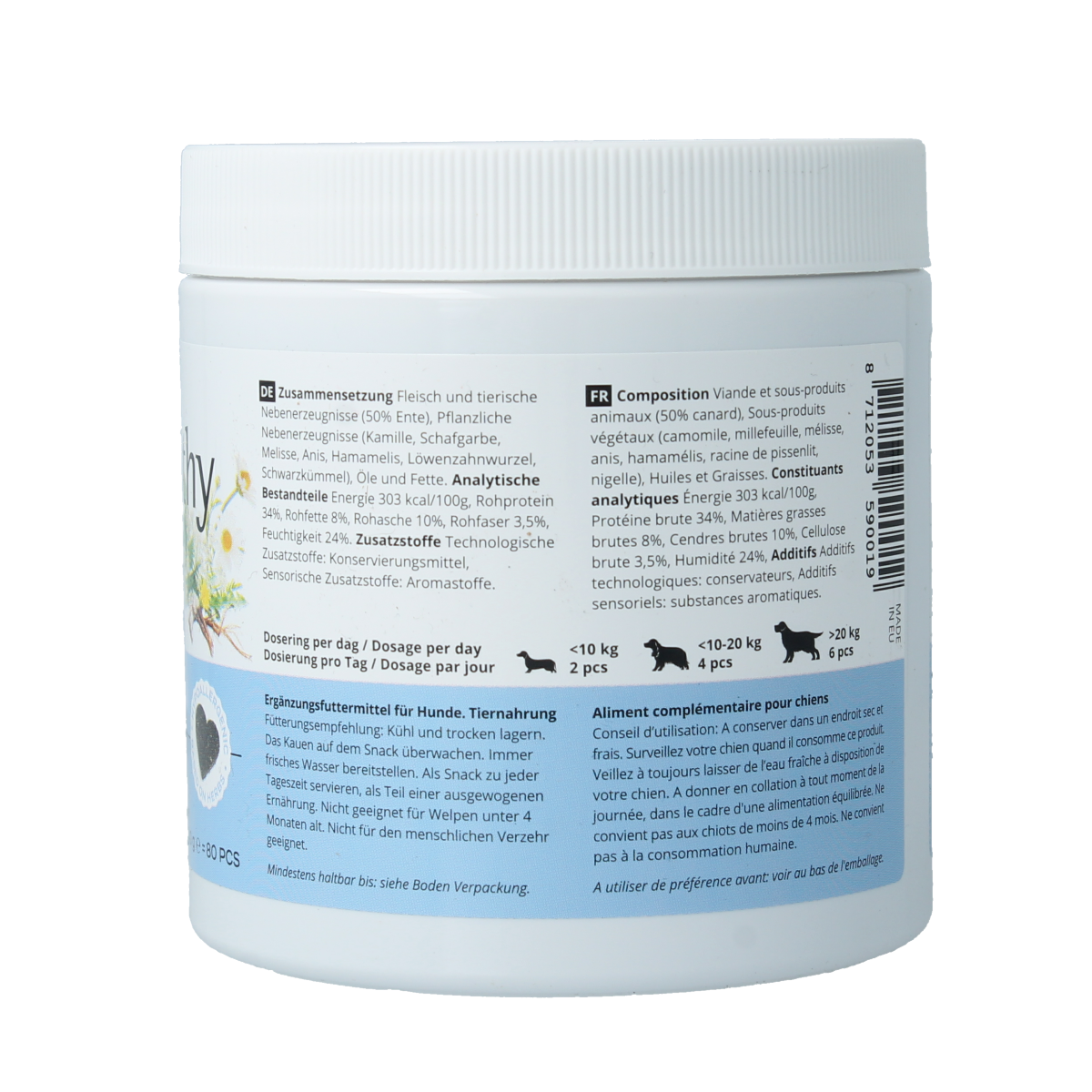 Jacob Hooy Pets healthy dog belly support dietary supplement, 80 pieces, natural ingredients for pet digestion and comfort.