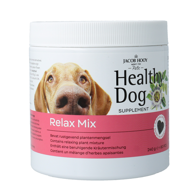 Jacob Hooy Pets Healthy Dog Relax Mix supplement for dogs in an 80-piece package, featuring natural ingredients for pet relaxation.