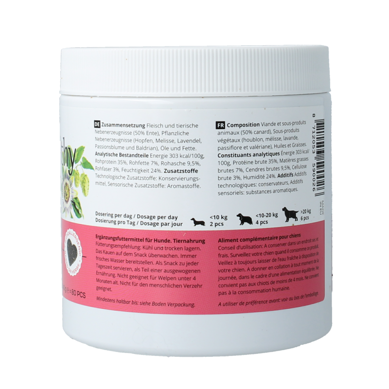 Jacob Hooy Pets Healthy Dog Relax Mix, 80 pcs, dietary supplement for dogs with calming ingredients, in a resealable package.