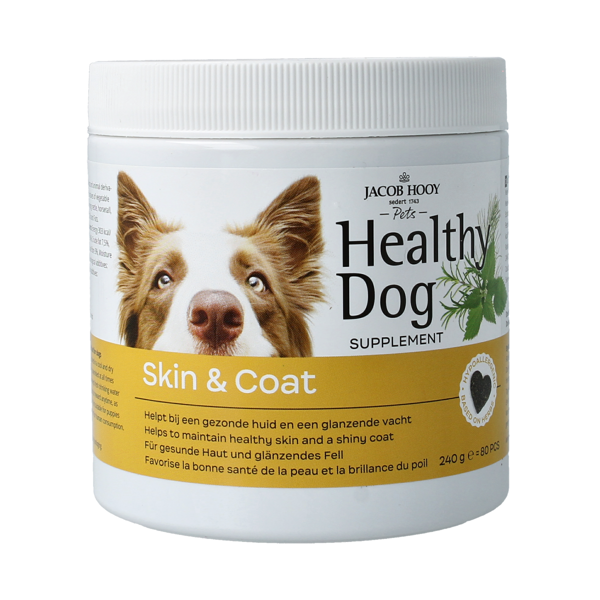 Jacob Hooy Pets Healthy dog skin and coat supplement, 80 tablets, for improving pet skin and shiny coat.