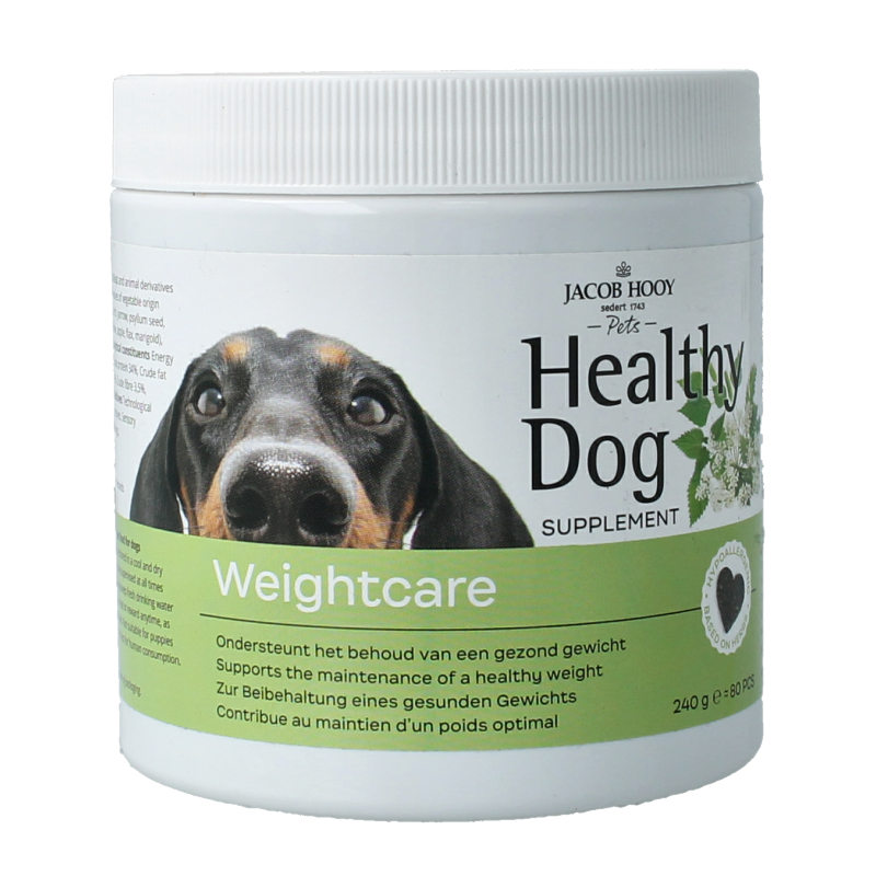 Jacob Hooy Pets healthy dog weightcare supplement bottle with 80 chewable tablets for pet weight management.