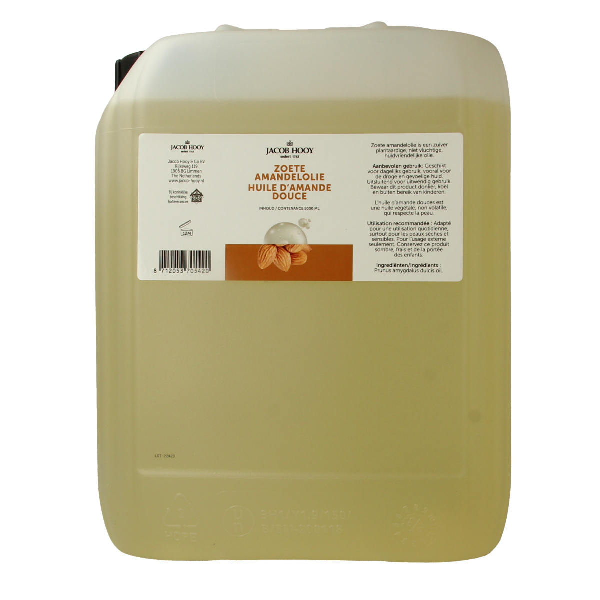 Jacob Hooy sweet almond oil in a 5000ml bottle, natural body care product, showing the large clear container with almond oil.