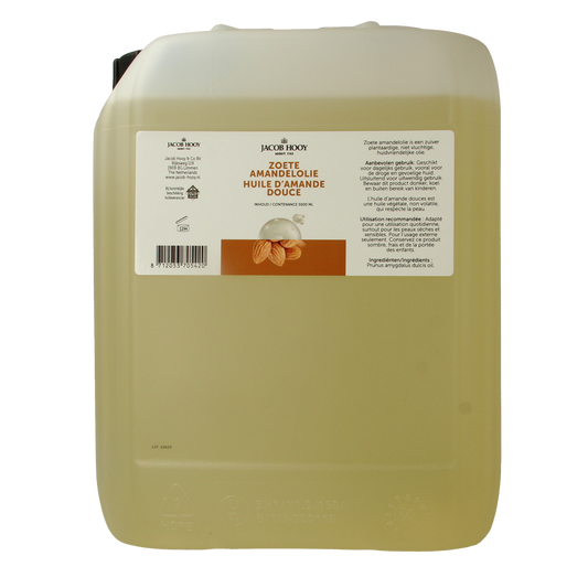Jacob Hooy sweet almond oil in a 5000ml bottle, natural body care product, showing the large clear container with almond oil.