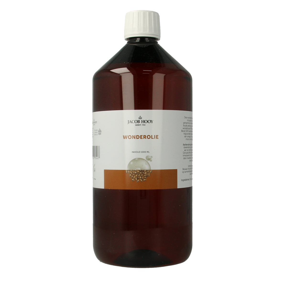 Jacob Hooy Wonder olie in a 1-liter bottle, natural oil for culinary or wellness use, labeled with product and brand details.