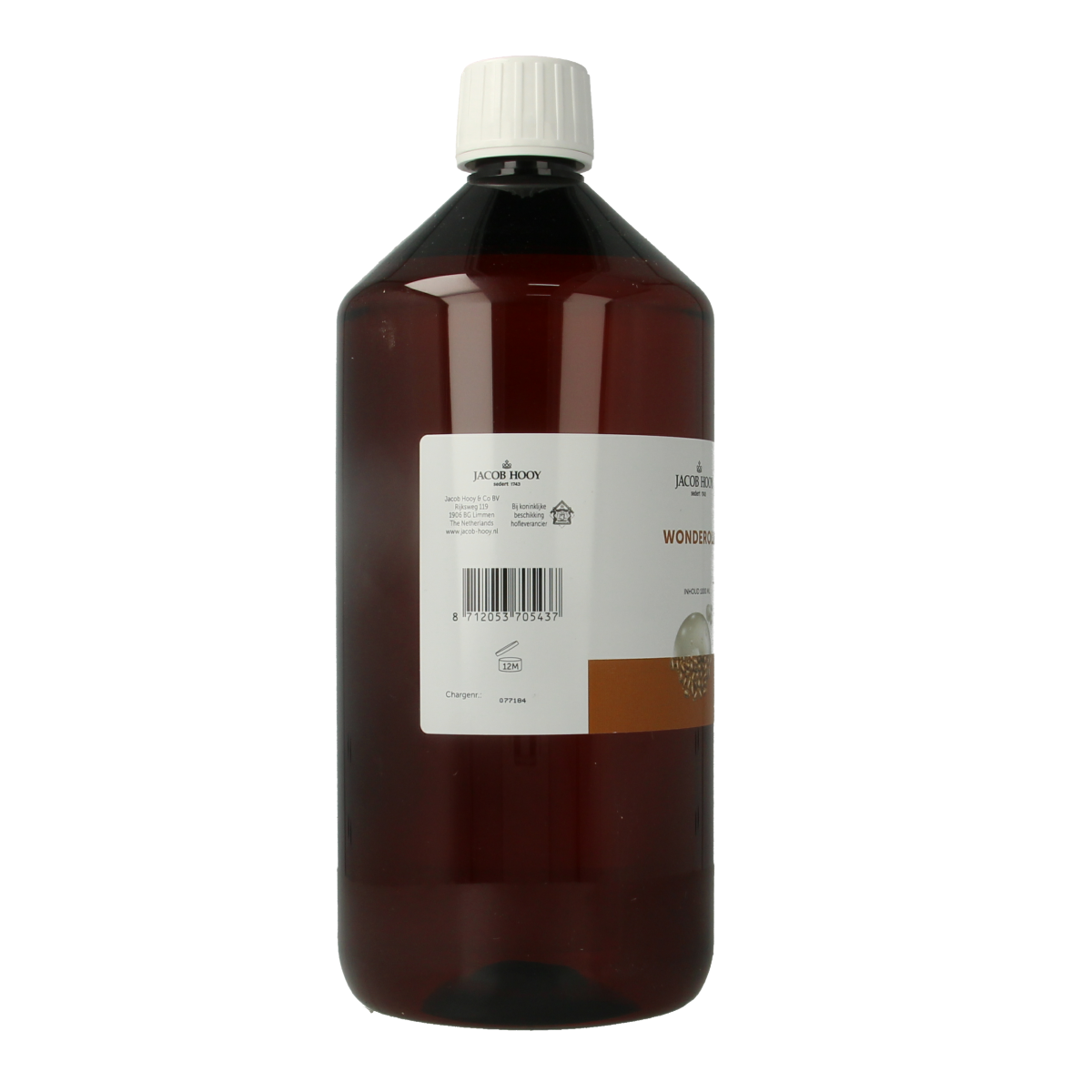 Jacob Hooy Wonder olie in a 1-liter bottle, natural oil product from Jacob Hooy for culinary or health use.