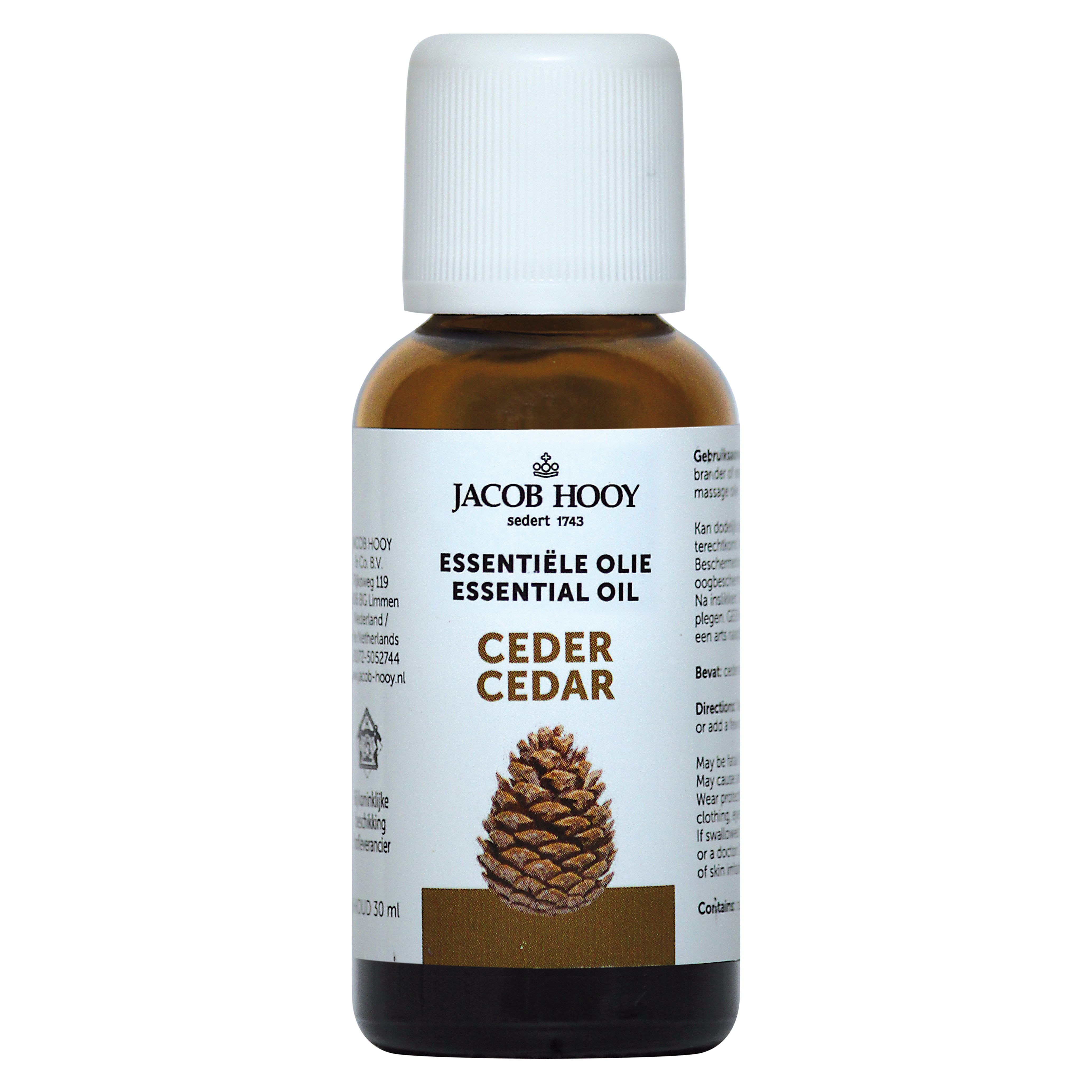 Jacob Hooy cedar essential oil in a 30ml bottle, showcasing the amber glass container and product label.