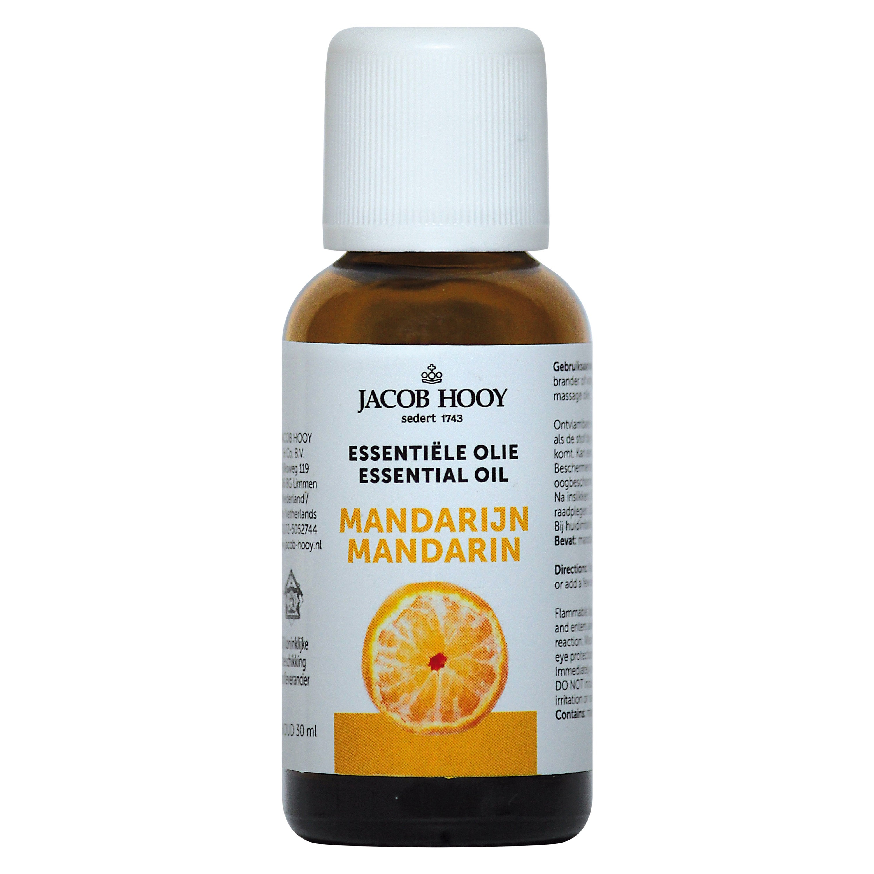 Jacob Hooy Mandarijn olie in 30ml bottle, natural essential oil with fresh citrus scent, in clear glass container.