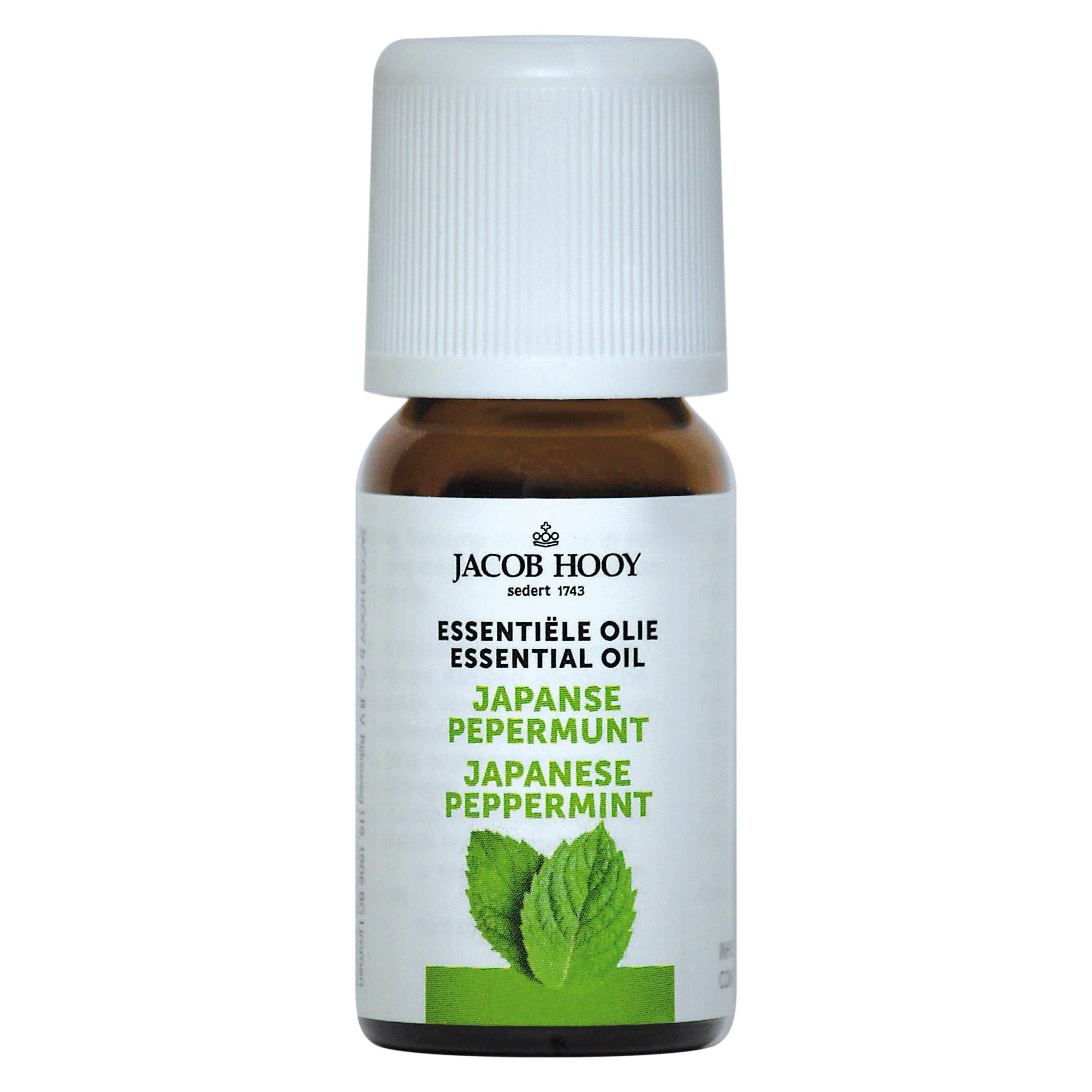 Jacob Hooy Japanese peppermint oil bottle, 10ml, natural essential oil with fresh peppermint leaves and packaging.
