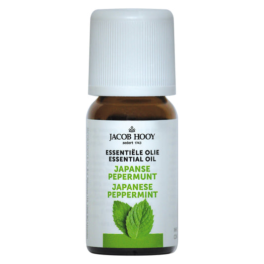 Jacob Hooy Japanese peppermint oil bottle, 10ml, natural essential oil with fresh peppermint leaves and packaging.