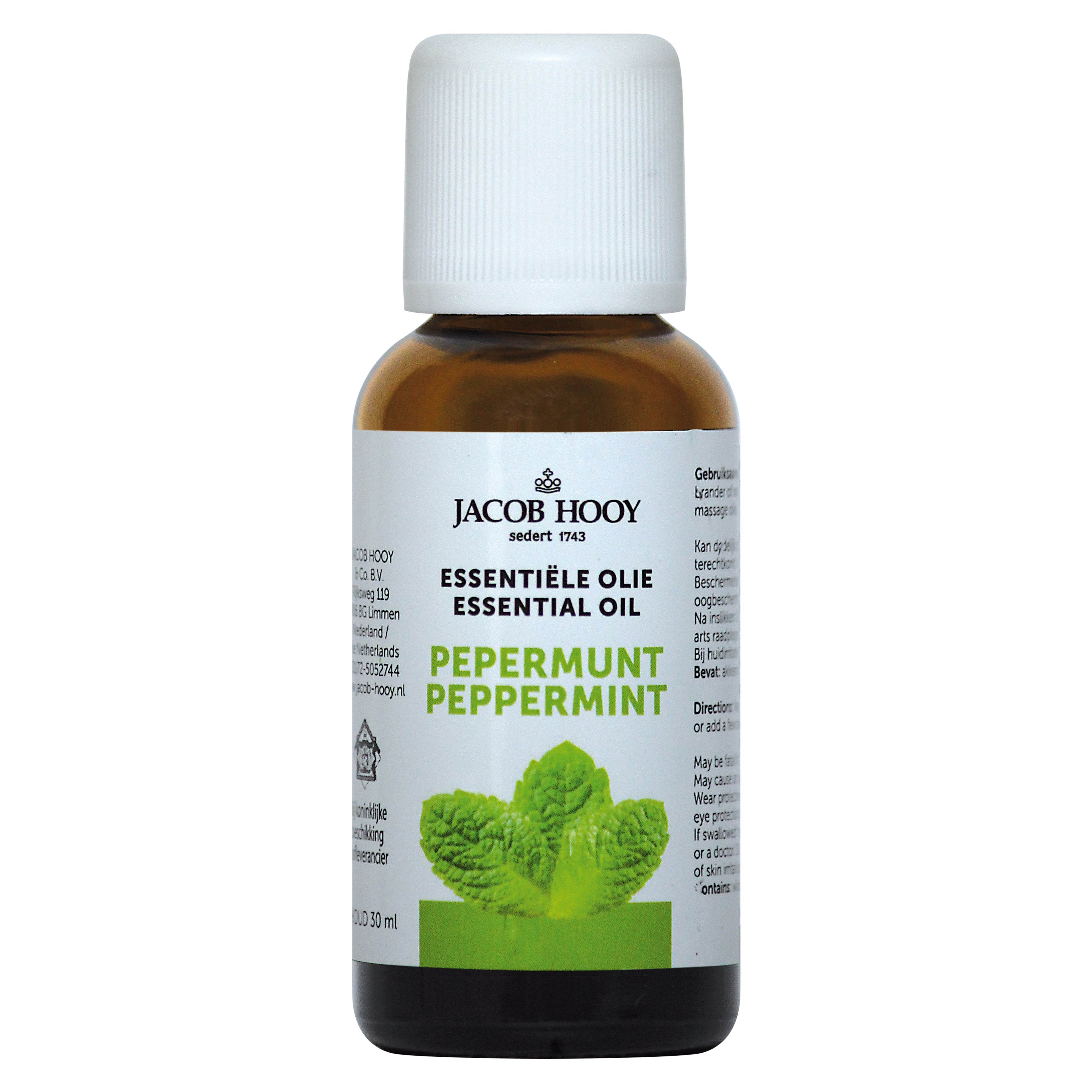 Jacob Hooy Pepermunt olie in 30ml bottle, an aromatic essential oil with fresh mint scent, used for aromatherapy and natural remedies.