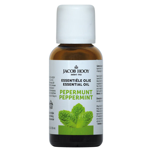 Jacob Hooy Pepermunt olie in 30ml bottle, an aromatic essential oil with fresh mint scent, used for aromatherapy and natural remedies.