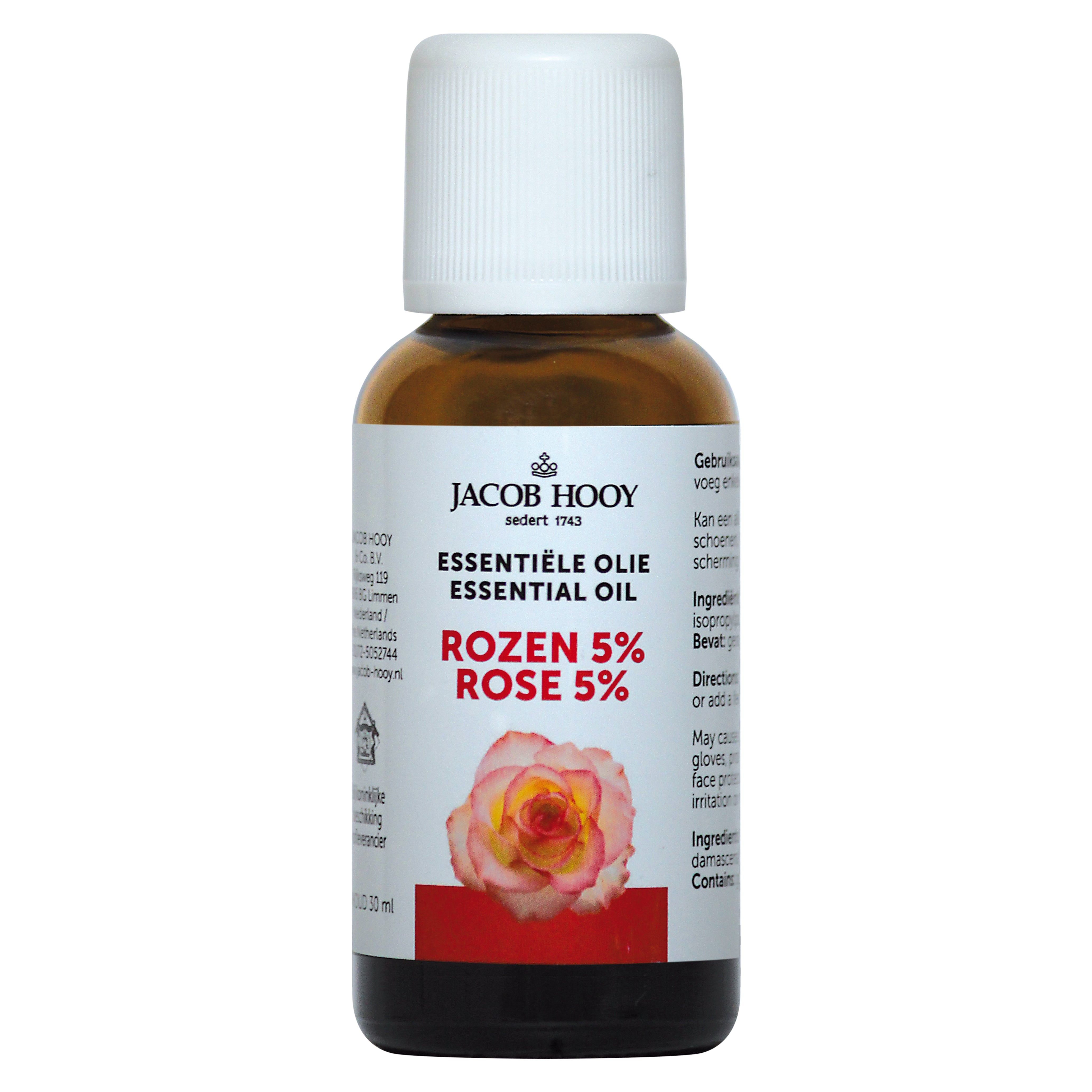 Jacob Hooy Rozenolie 30ml, natural rose essential oil in a glass bottle, ideal for aromatherapy and skincare uses.