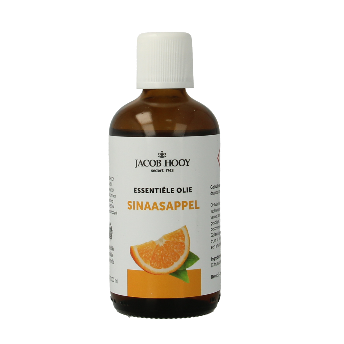 Jacob Hooy Sinaasappel etherische olie in 100ml bottle, vibrant orange-colored citrus essential oil from natural extracts.