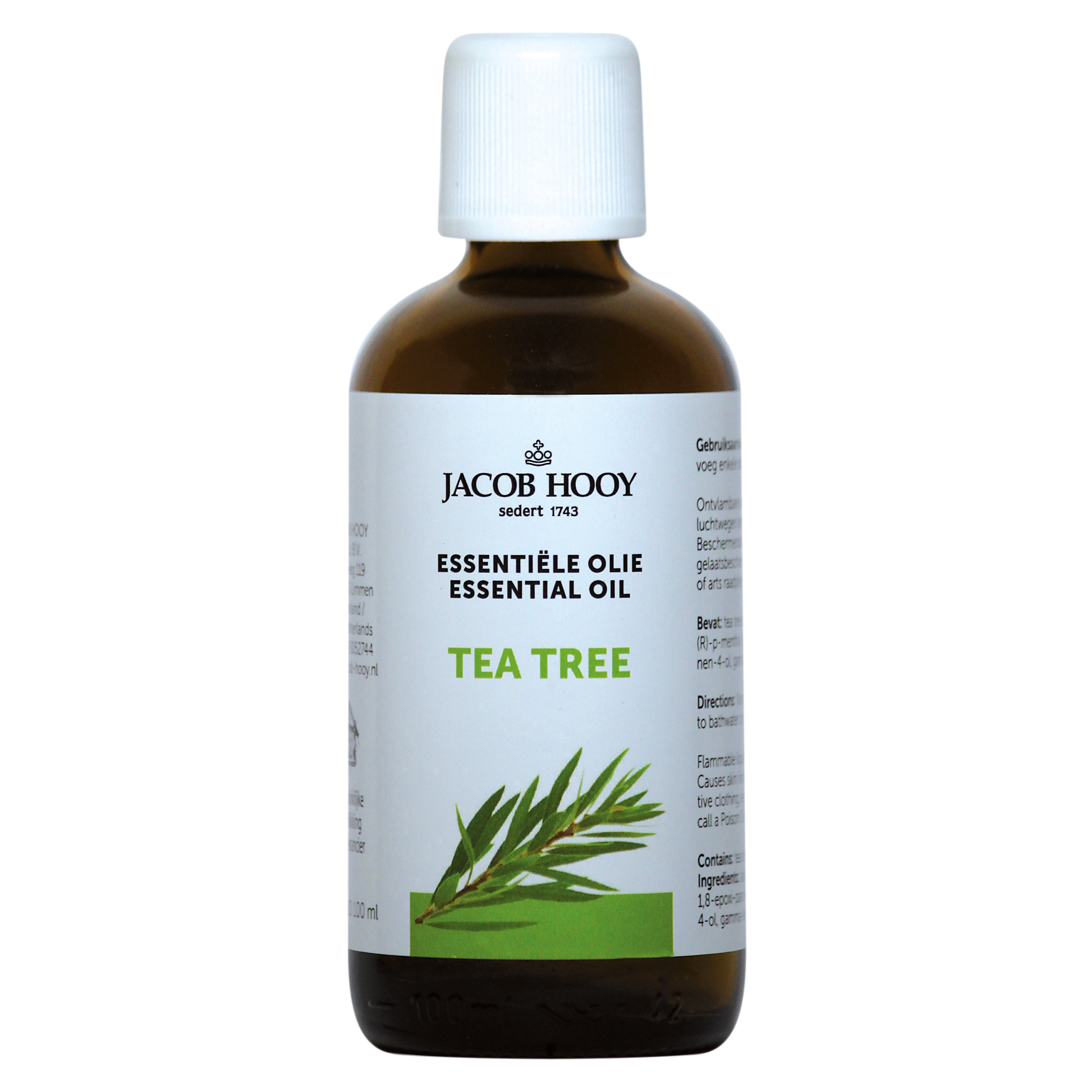 Jacob Hooy Tea Tree Oil 100ml bottle, natural essential oil for skin and hair, in clear glass container with label.