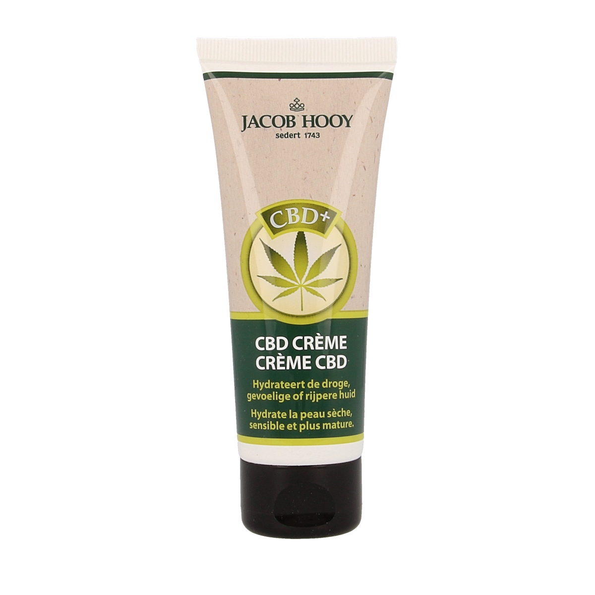 Jacob Hooy CBD Plus Creme 50ml body care product, featuring a white jar with green labeling and a screw-top lid.