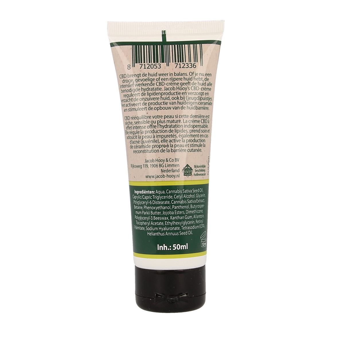 Jacob Hooy CBD Plus Creme in 50ml jar, a natural body care product with CBD for soothing skin.