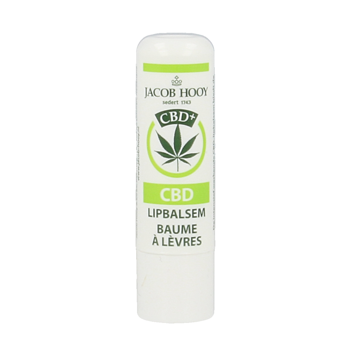 Jacob Hooy CBD lip balm in a tube, skincare product for nourishing lips, featuring CBD for hydration and protection.