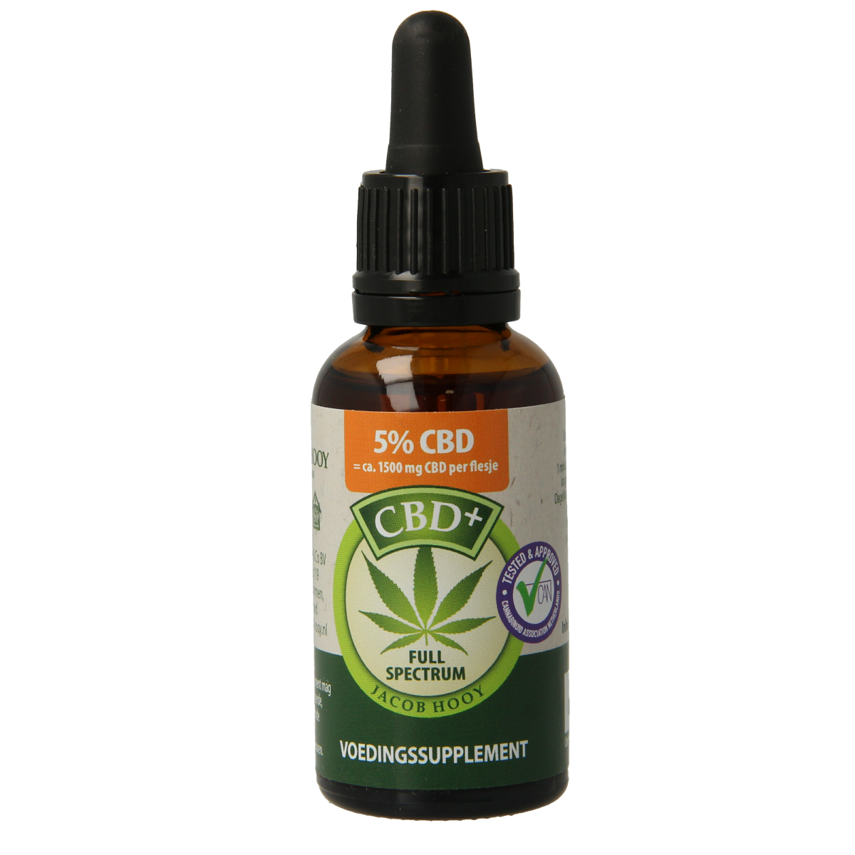Jacob Hooy CBD Plus olie 5% in 30ml bottle, herbal supplement with CBD, natural herbal preparation.