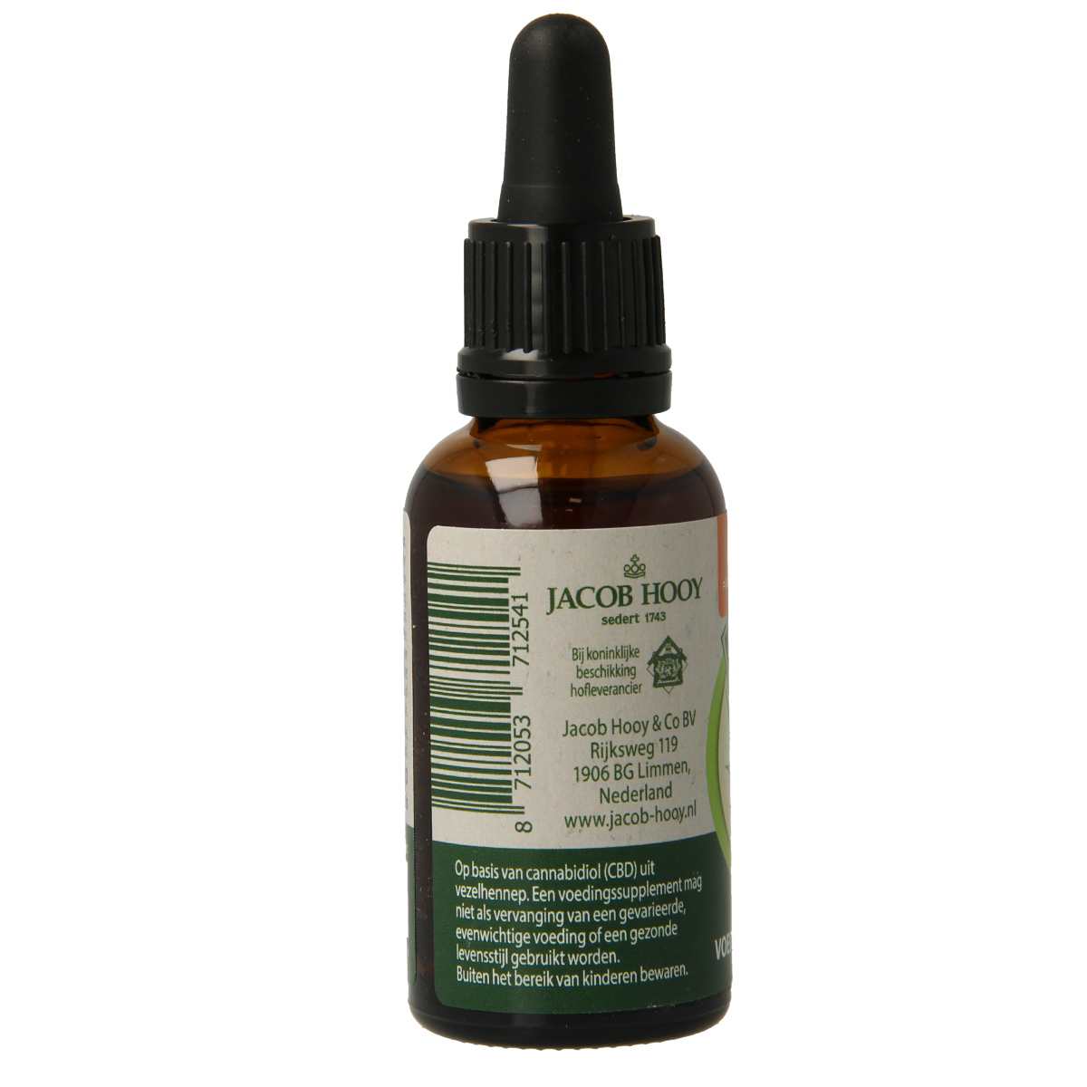 Jacob Hooy CBD Plus olie 5% in 30ml bottle, herbal supplement with CBD for wellness and relaxation.
