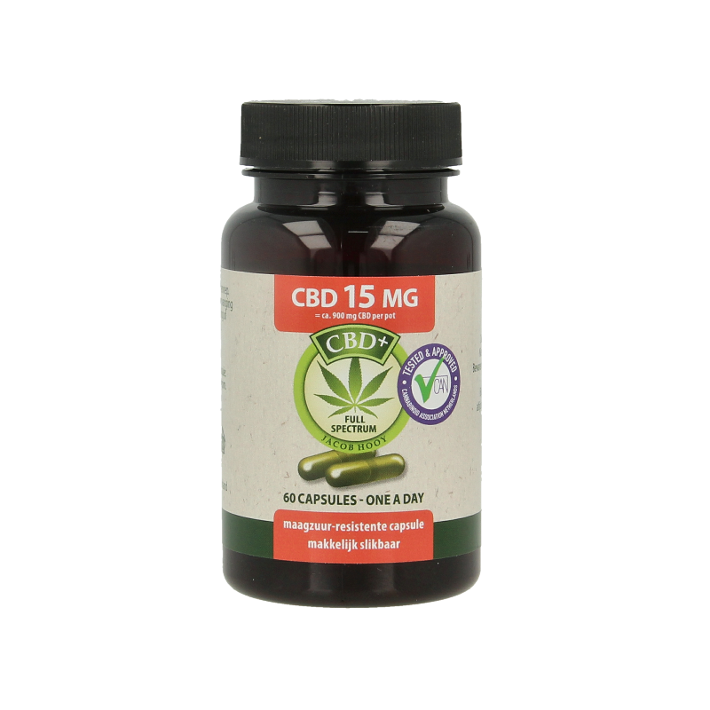 Jacob Hooy CBD capsules 15mg, herbal supplement in a bottle with 60 capsules, natural remedy for wellness.