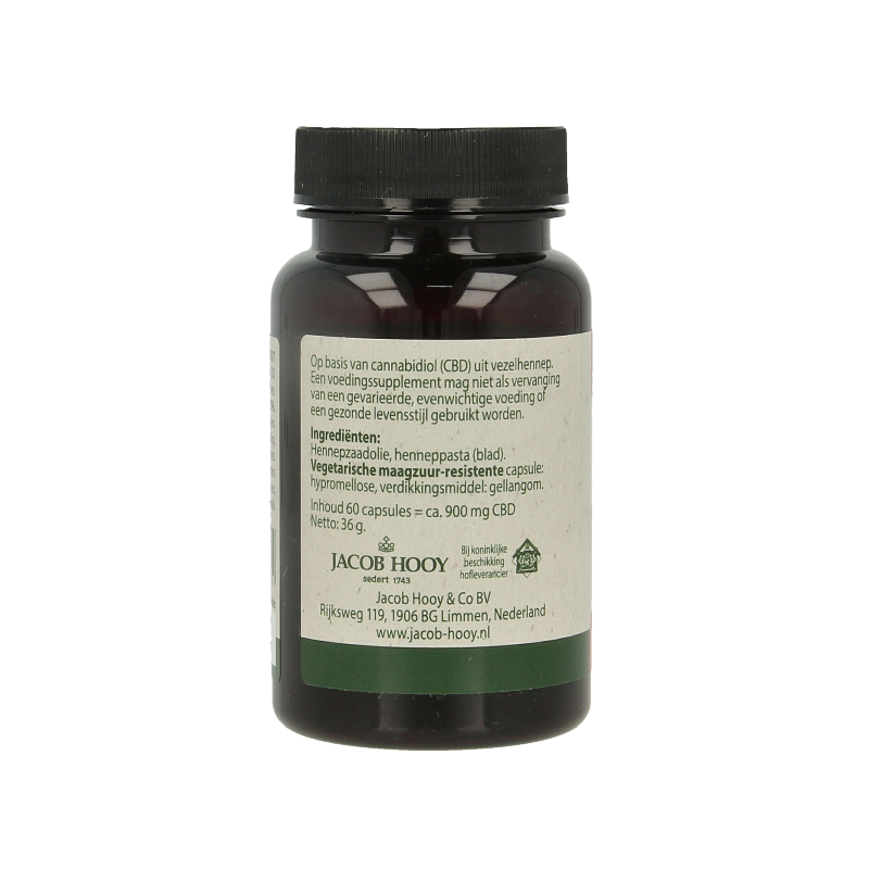 Jacob Hooy CBD capsules 15mg, herbal supplement in a white bottle with 60 capsules, designed for wellness and natural health.