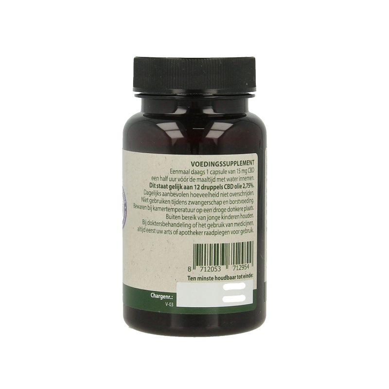 Jacob Hooy CBD capsules 15mg, herbal supplement in a bottle of 60 capsules, natural kruidpreparaten for wellness.