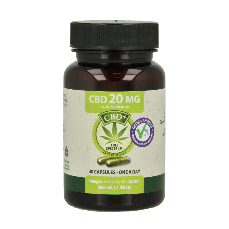 Jacob Hooy CBD capsules 20mg in a bottle, herbal supplement, Kruidenpreparaten brand, featuring 30 capsules for wellness.