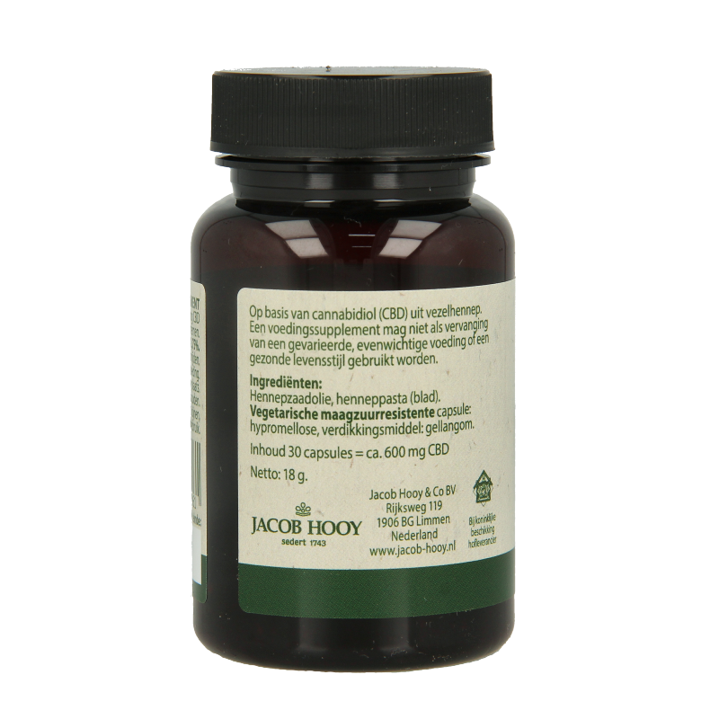 Jacob Hooy CBD capsules 20mg, herbal supplement with 30 capsules, showing the product packaging and capsules.