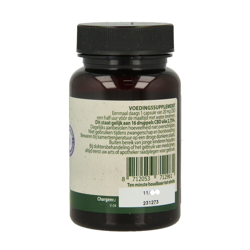Jacob Hooy CBD capsules 20mg, herbal supplement in a white bottle with 30 capsules, natural kruidenpreparaten product.
