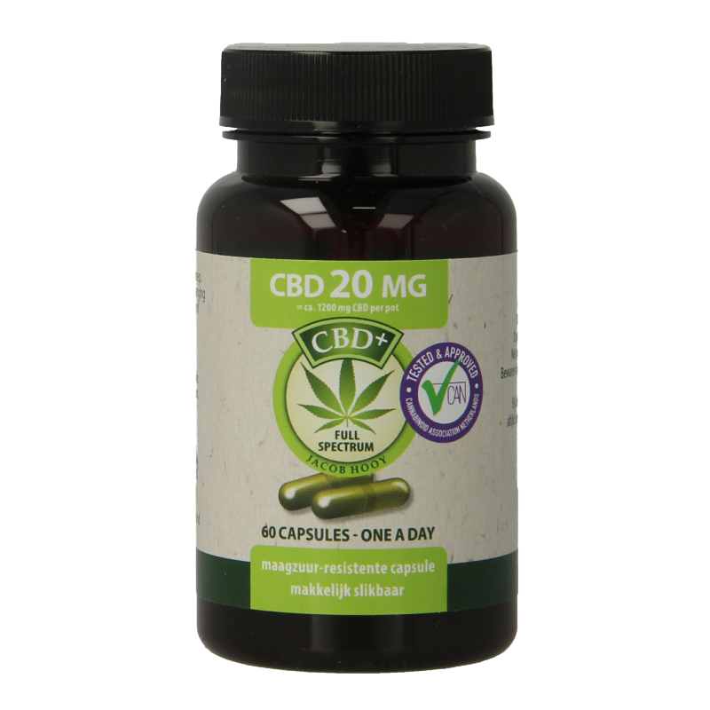 Jacob Hooy CBD capsules in a bottle, 20mg, herbal supplement, Kruidenpreparaten, natural CBD product.