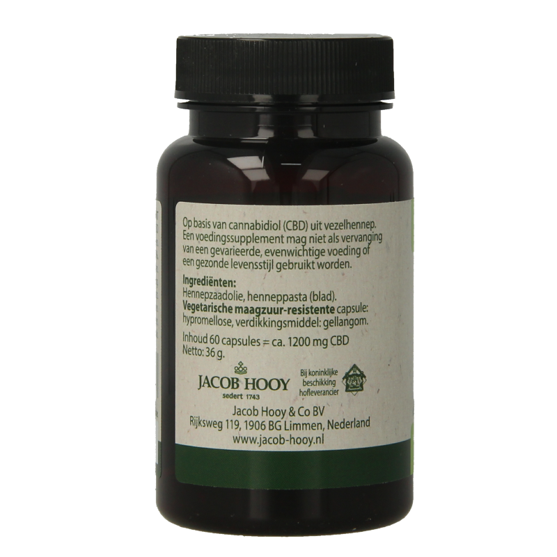 Jacob Hooy CBD capsules in a bottle, natural herbal kruidenpreparaten with 20mg CBD per capsule, 60 capsules total.