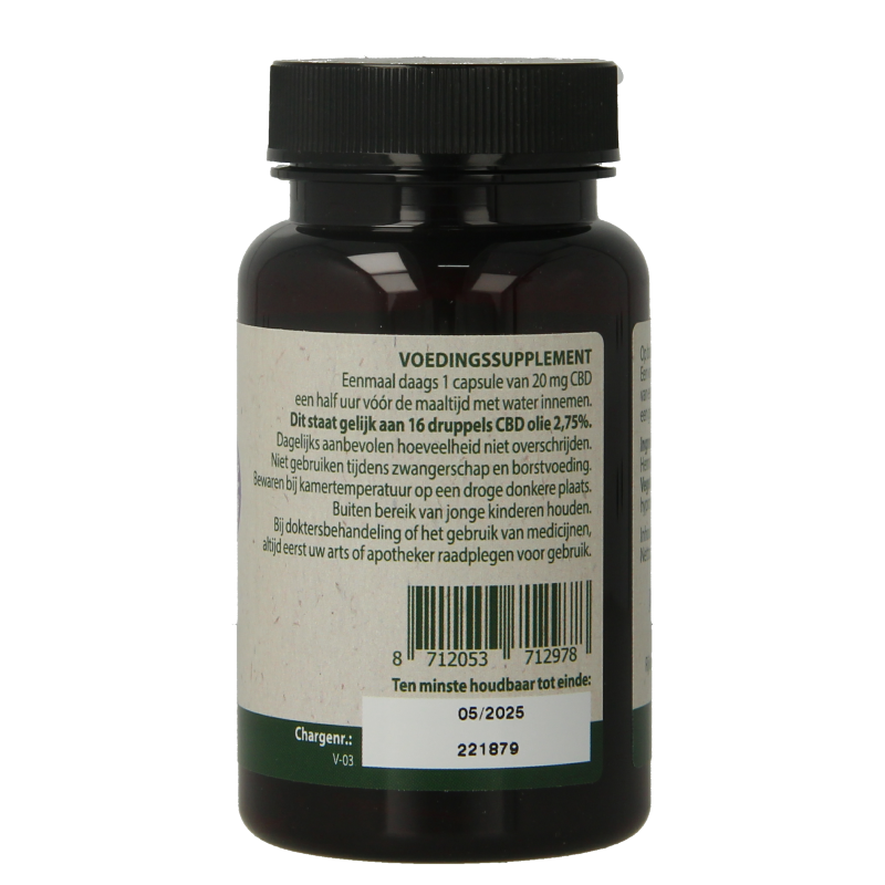 Jacob Hooy CBD capsules 20mg, herbal supplement in a white bottle with 60 capsules, designed for wellness and relaxation.