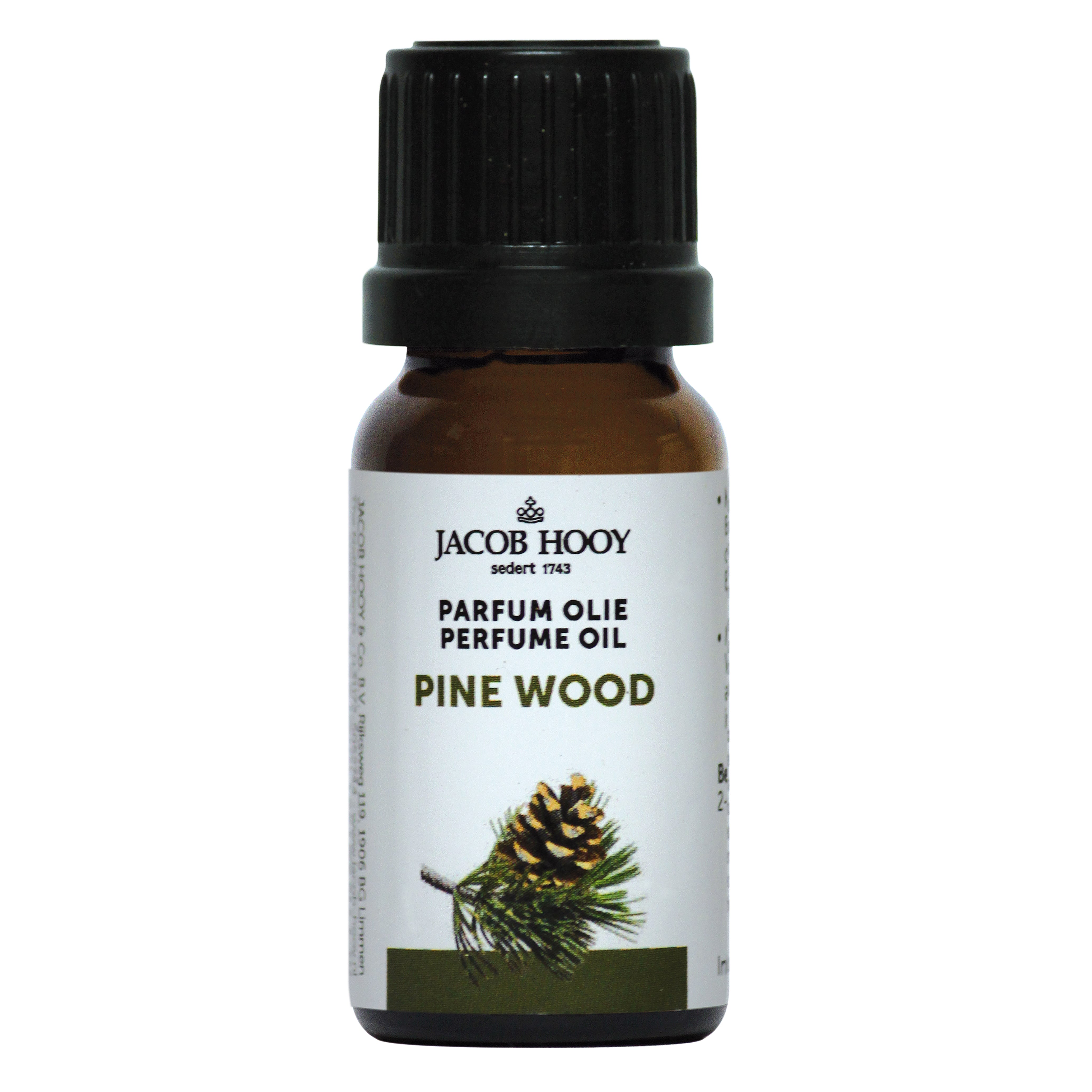 Jacob Hooy pine wood essential oil in 10ml bottle, natural etherische olie with fresh pine scent, for aromatherapy and wellness.