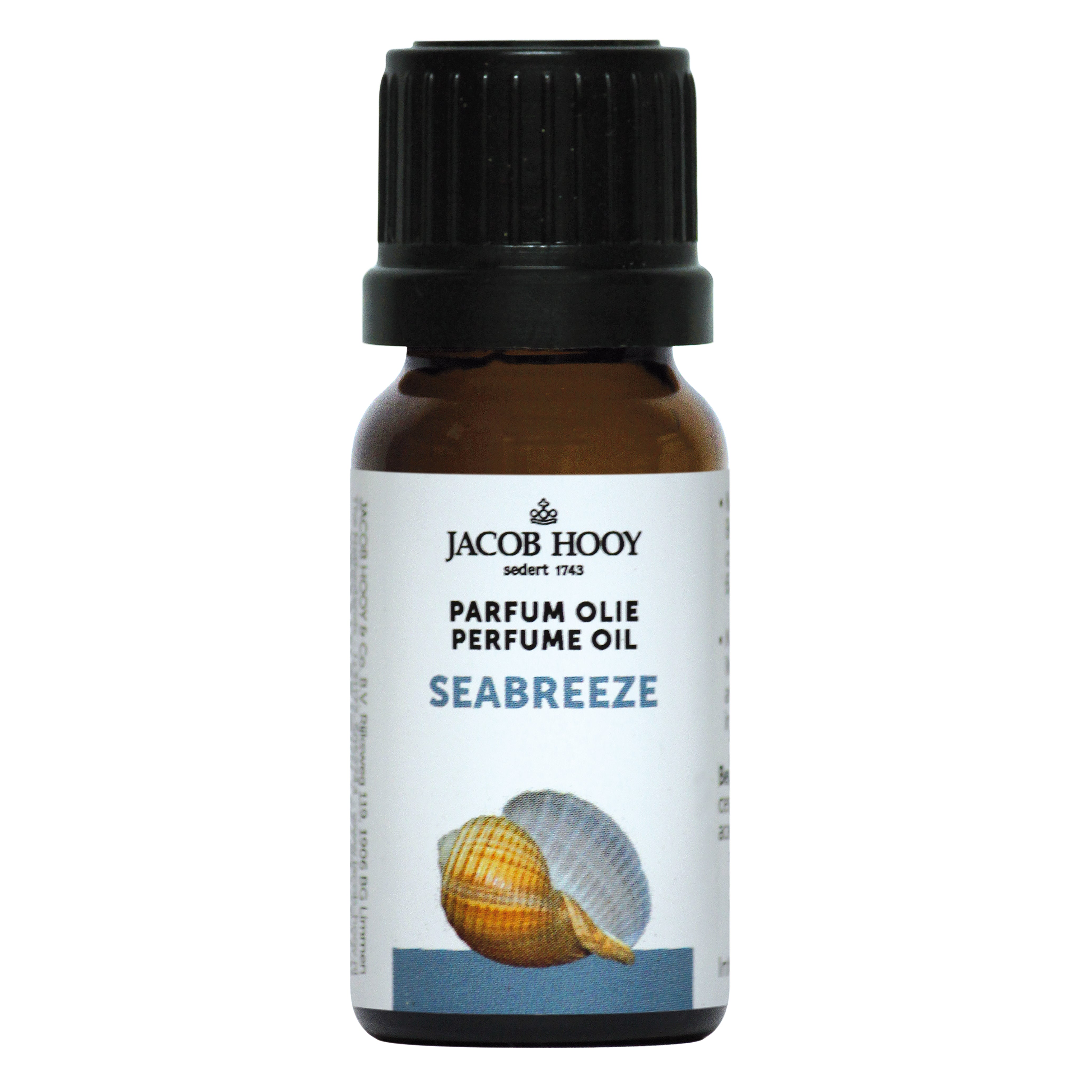 Jacob Hooy Seabreeze parfum olie in 10ml bottle, showcasing clear glass with aromatic oil for wellness and relaxation.