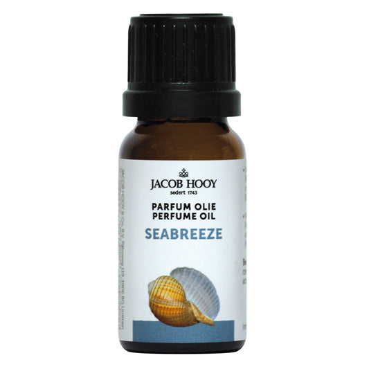Jacob Hooy Seabreeze parfum olie in 10ml bottle, showcasing clear glass with aromatic oil for wellness and relaxation.