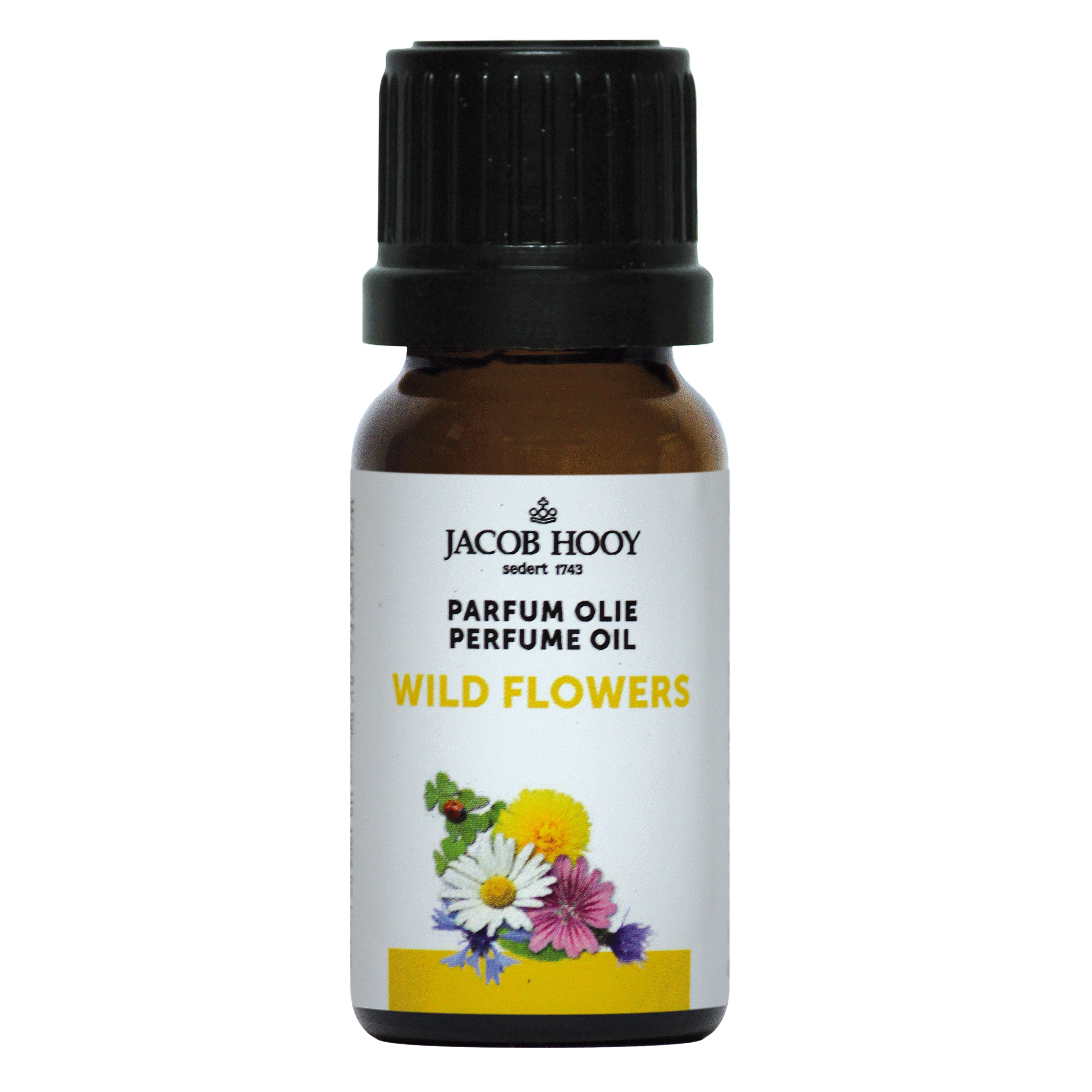 Jacob Hooy wild flower parfum olie in 10ml bottle, natural essential oil with floral scent, for aromatherapy and relaxation.