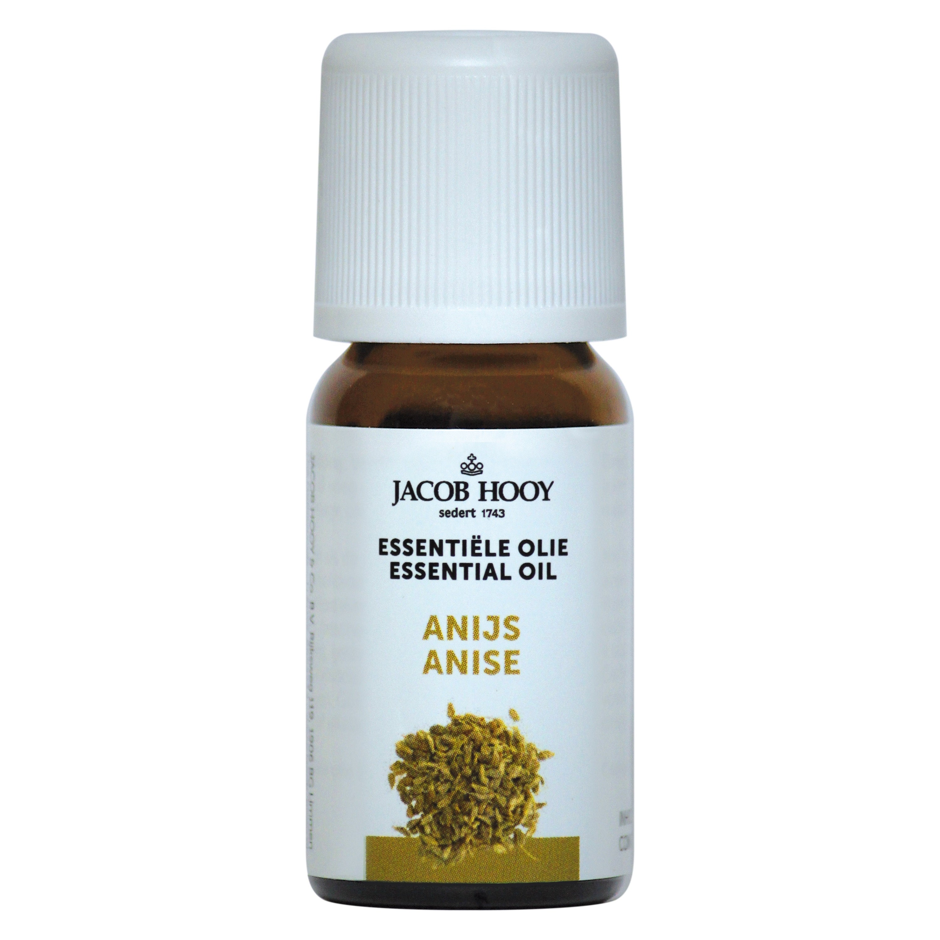 Jacob Hooy Steranijs essential oil bottle with a clear label, 10ml size, in a small amber glass container for aromatic use.
