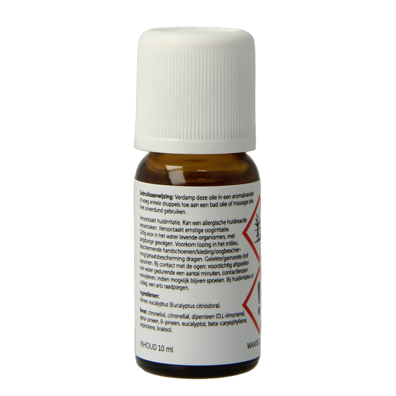 Jacob Hooy eucalyptus citron essential oil in a 10ml bottle, showing the clear liquid and product label.