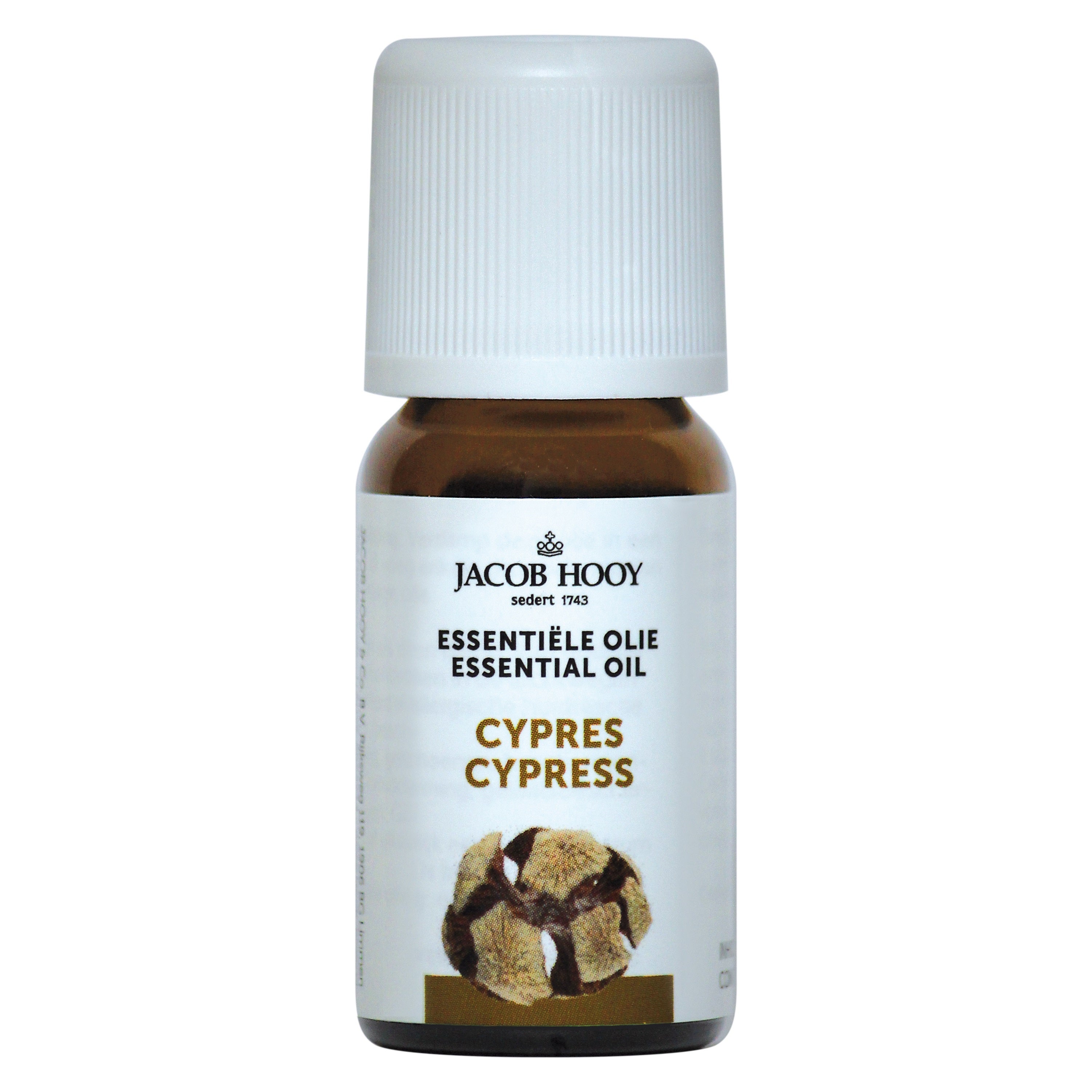 Jacob Hooy Cypress essential oil in a 10ml bottle, natural etherische oliën product with a clear label and white cap.